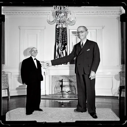 Image similar to monochrome vintage photograph of Harry Truman standing next to a tall cute alien in the white house, ultra detailed, ultra intricate,