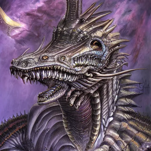 Image similar to Giger portrait of queen dragon, Dragon in dragon lair, HD, full body dragon concept, soft shading, hyperdetailed, wide angle lens, fantasy, futuristic horror, style of giger