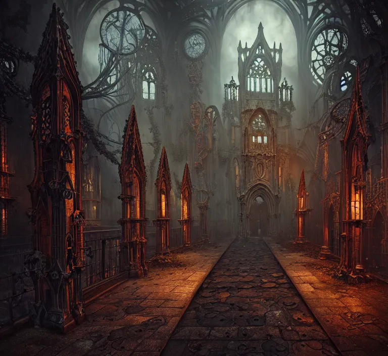 Image similar to steam necropolis, memento mori, gothic, neo - gothic, art nouveau, hyperdetailed copper patina medieval icon, stefan morrell, philippe druillet, ralph mcquarrie, concept art, steampunk, unreal engine, detailed intricate environment, octane render, moody atmospherics, volumetric lighting, ultrasharp, ominous, otherworldly