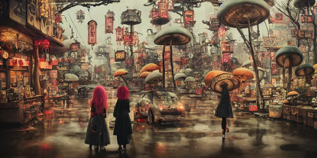 Prompt: a lively and whimsical dark fungal pawn shop, white haired skesis girls, cinematic framing, wide angle, rain lit, kawaii shop grows out from the stalk of a giant mushroom, cgsociety, siggraph, dystopian scifi, set design, oleg oprisco, conrad roset, anka zhuravleva, gediminas pranckevicius, cornell, kawasaki