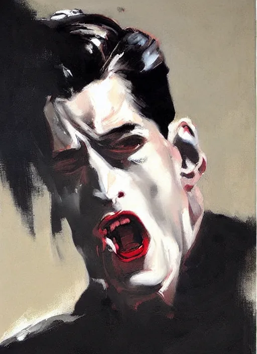 Image similar to dale cooper doppelganger, screaming, WHITE EYES!!! red curtains, painting by phil hale, 'action lines'!!!, graphic style, visible brushstrokes, motion blur, blurry