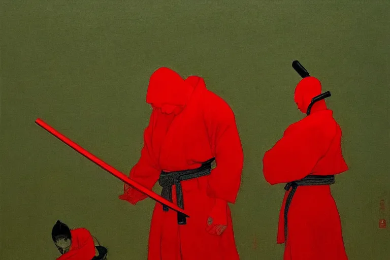 Image similar to only with red, a red samurai do seppuku, tokio, a lot of frogs watch, in the style of beksinski, parts by edward hopper, parts by rodcenko, parts by yue minjun, intricate and epic composition, red by caravaggio, insanely quality, highly detailed, masterpiece, red light, artstation, 4 k