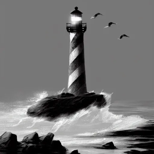 Image similar to lighthouse, ocean, two loons, crashing waves, light, black and white, tattoo art, dramatic lighting, illustration by Greg rutkowski, yoji shinkawa, 4k, digital art, concept art, trending on artstation