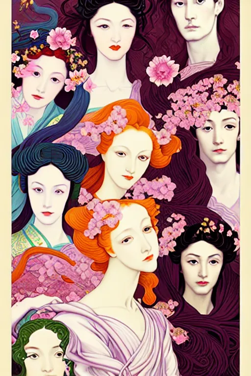 Prompt: 3 Spring Deities, (one representing each month of March, April, and May), in a style blending Æon Flux, Peter Chung, Shepard Fairey, Botticelli, Ivan Bolivian, and John Singer Sargent, inspired by pre-raphaelite paintings, shoujo manga, and cool Japanese street fashion, dramatically blossoming flora and fauna, pastel dynamic colors, hyper detailed, super fine inking lines, ethereal atmosphere, sfumato, 4K extremely photorealistic, Arnold render