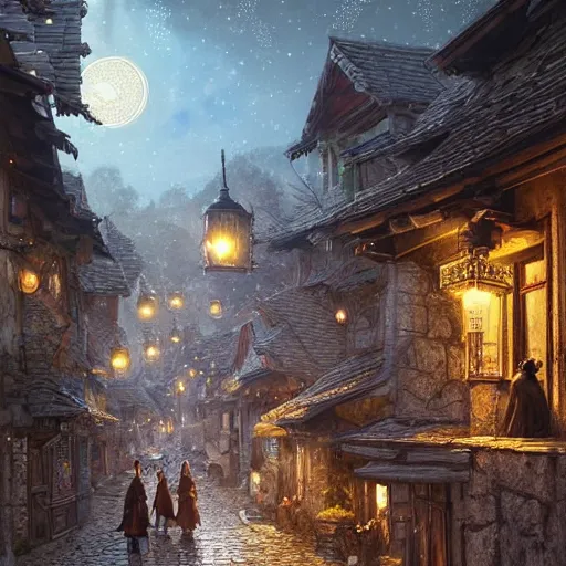Prompt: ultra realistic illustration and highly detailed digital render of a intricate busy street inside a ancient 1 5 th century stone village, by greg rutkowski and makoto shinkai, nighttime, dark sky, twinkly stars, amazing sky, migrating birds in the sky, colorful street lamps along road, natural stone road, asian style vendorsf