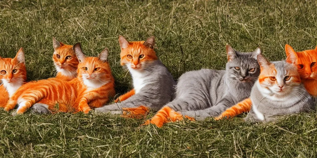 Image similar to three orange cats and two grey cats relaxing in a field