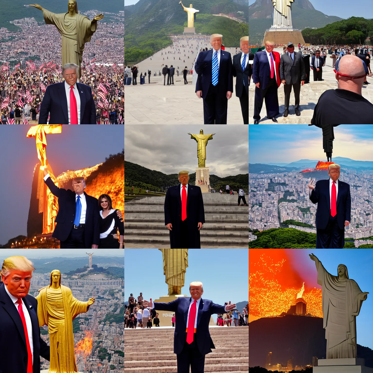 Prompt: Proud Donald Trump posing in front of flaming Christ the Redeemer statue, 4K