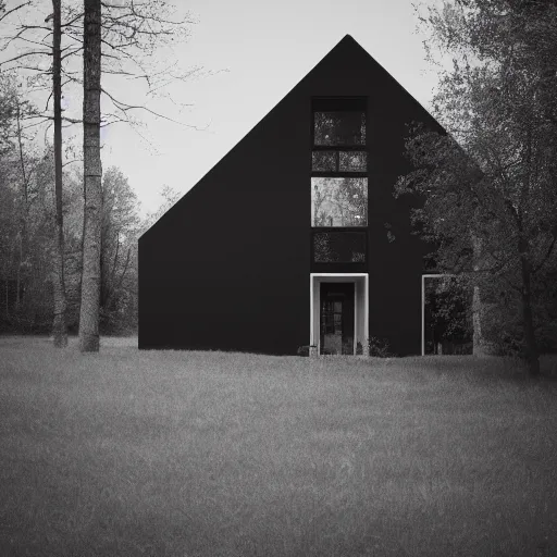 Prompt: modern black house in the wood, pinhole analogue photo quality, monochrome, blur, unfocus, cinematic, 35mm