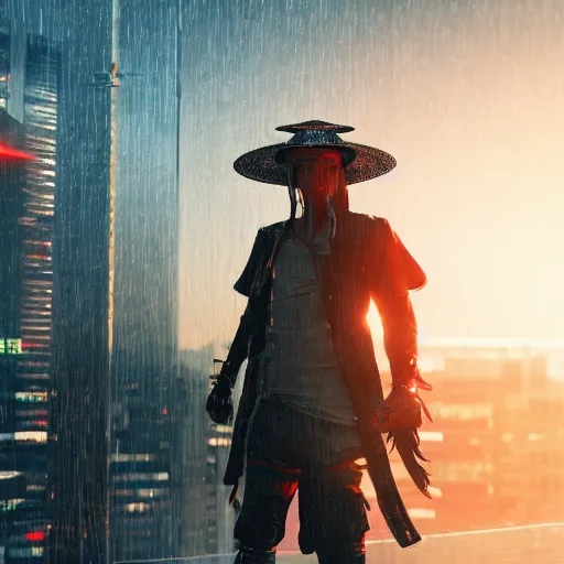 Prompt: ultra realistic studio shot of a cyberpunk samurai with straw hat on a dusk city, cinematic, wet reflections, liflike, unreal engine 5, octane, smooth, rtx, ray tracing, hyper detailed, hyper realism, fantasy, trending on artstation, behance, deviantart