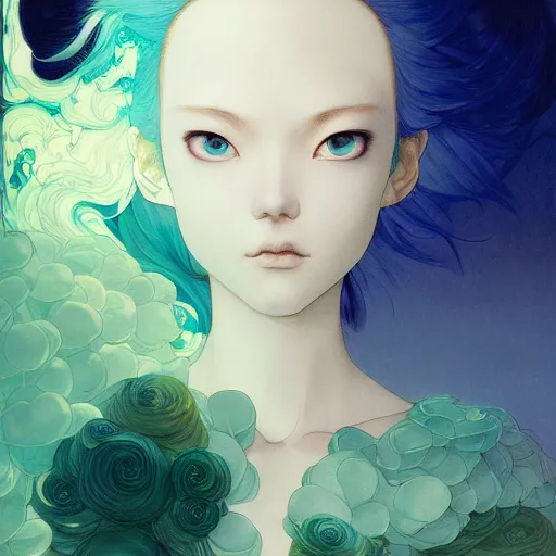 Image similar to prompt : ivory and blue and green portrait soft light painted by james jean and katsuhiro otomo and erik jones, inspired by evangeleon anime, smooth face feature, intricate oil painting, high detail illustration, sharp high detail, manga and anime 1 9 9 9
