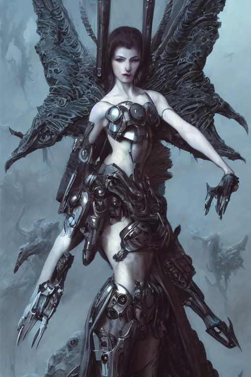 Image similar to Portrait of beautiful pale warhammer 40000 goth girl with mechanical wings, dark fantasy, digital illustration, intricate, highly detailed, smooth, artstation, painted by Wayne Barlowe and Greg Rutkowski and zdislav beksinski and Ruan Jia and Mandy Jurgens and Artgerm and william-adolphe bouguereau