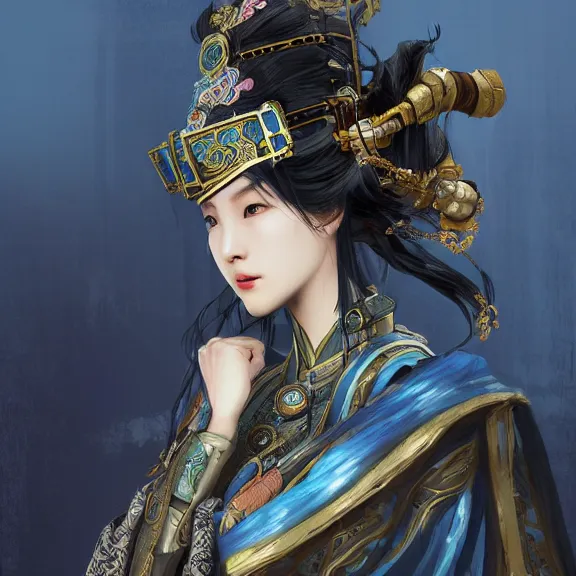 Image similar to ancient chinese princess with steampunk mask, dynasty warriors, elegant, unreal engine, 8 k, blue color scheme, headshot, highly detailed, smooth, ink painting, artstation, concept art, in style of yoji shinkawa, pan ren wei, col price, atey ghailan, by greg rutkowski, aesthetic