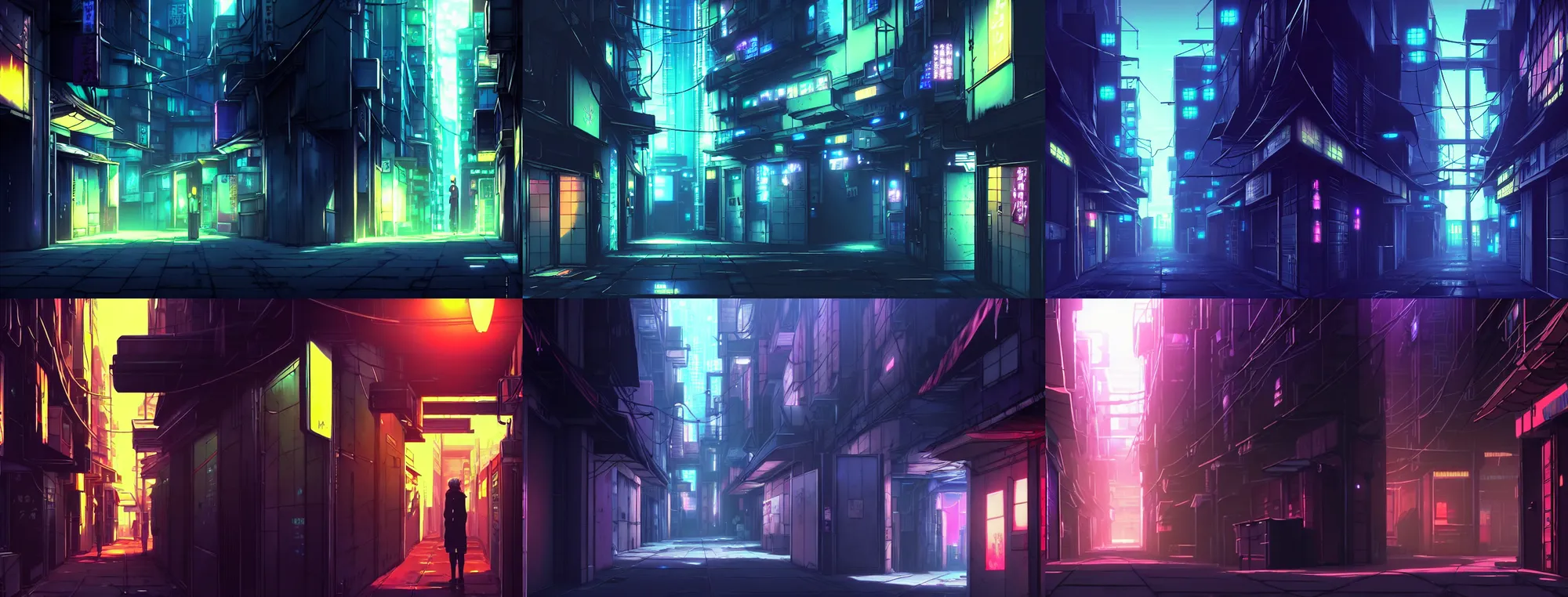 Prompt: anime background art matte painting close up of a city alleyway in the atmospheric cyberpunk anime film, neon noir, at night with lights, by makoto shinkai, in the anime series ergo proxy