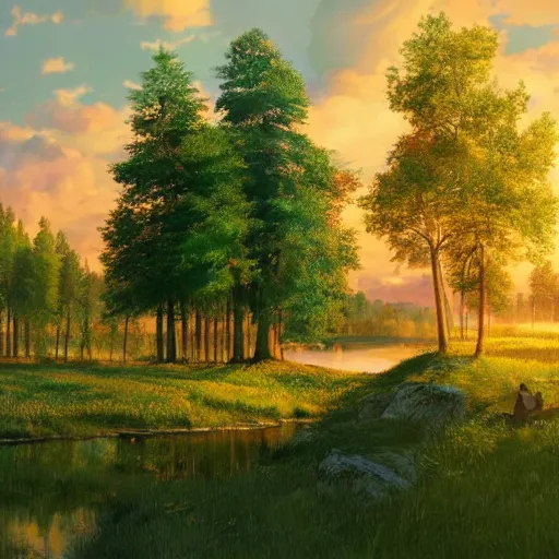 Image similar to a masterpiece detailed beautiful russian village, houses, trees, birch, lake, golden hour, sunset, by Makoto Shinkai and Ivan Shishkin