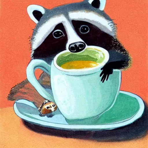 Image similar to raccoon with cup of tea by cozy fireplace, childrens book illustration, in the style of eric carle,