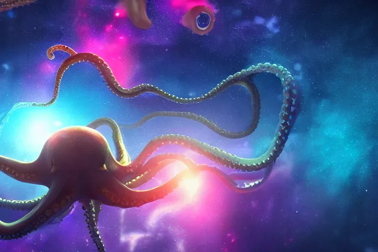 Image similar to an octopus, swimming in space, nebula and galaxy background, artstation, 8 k, makoto shinkai, octane render, very detailed