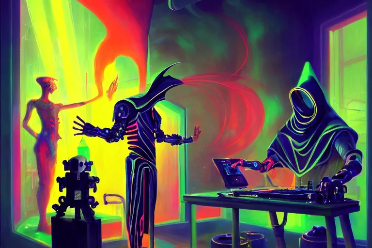 Prompt: a beautiful masterpiece painting of a cybernetic technomancer wizard in robes with pointed hood discussing sentience with 3 of his synthesized AI djinn in his laboratory near a computer by Remedios Varo and Anato Finnstark and Greg Rutkowski, dayglo pink, dayglo blue, dazzle camouflage!, 8k, trending on ArtStation