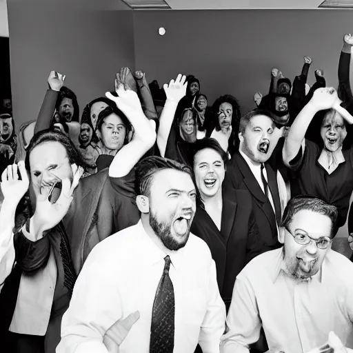 Image similar to cool business people freaking out at work, screaming yelling, throwing things. medium format photograph.