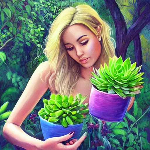 Image similar to painting by Artgerm of a beautiful blonde woman with shoulder length hair in a forest green dress putting colorful succulents into rainbow pots at a square table