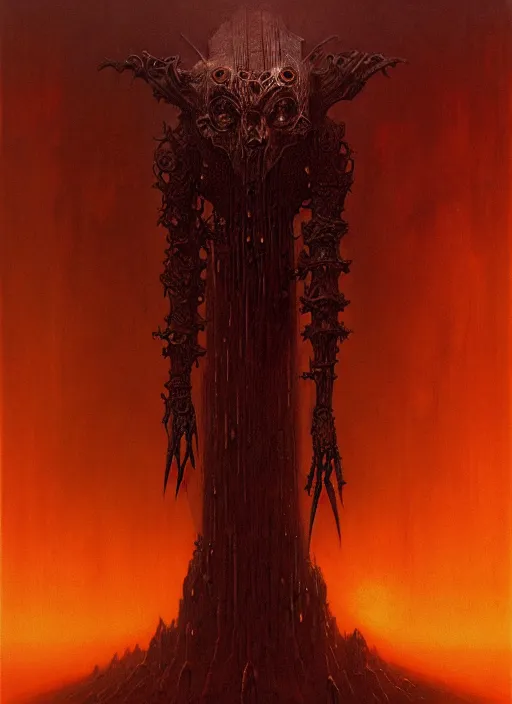 Image similar to masterpiece, infernal darkness emissary concept art, stylized, doom, elegant, majestic, epic, art by zdiszlaw beksinski, greg rutkowski, josan gonzalez, alexey egorov, biomechanical, alchemy, monogram