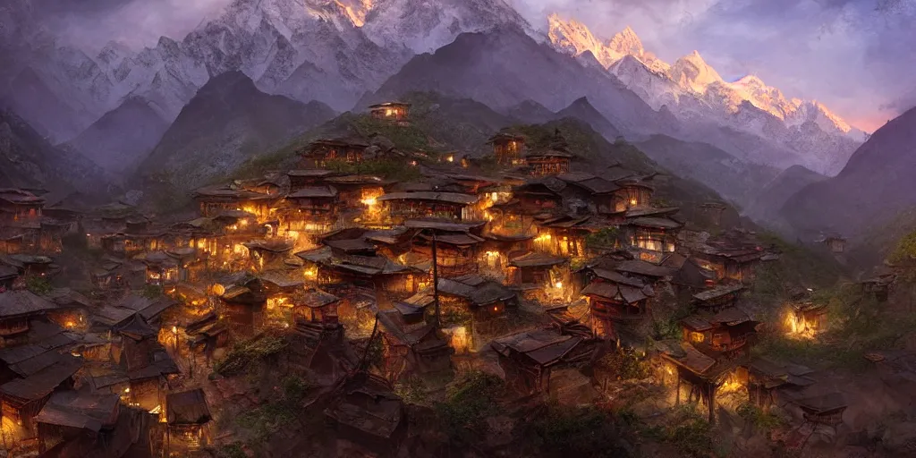 Prompt: nepalese mountain village at dusk, dim volumetric lighting, 8 k octane render, hdr, postprocessing, hyperdetailed, intricate, epic composition, cinematic lighting, masterpiece, trending on artstation, stunning art by anders zorn, extraordinary artwork by greg rutkowski