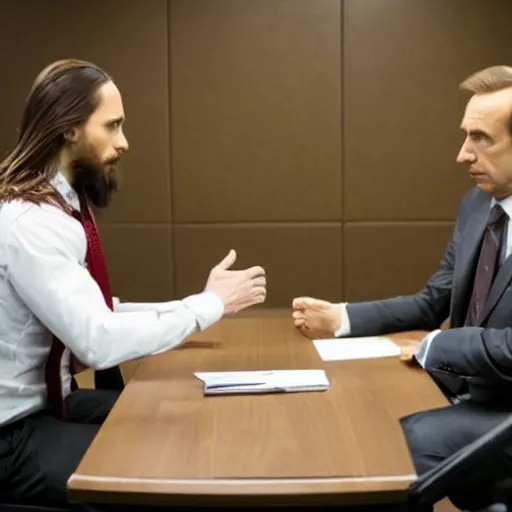 Image similar to jared leto meeting saul goodman in an interrogation room