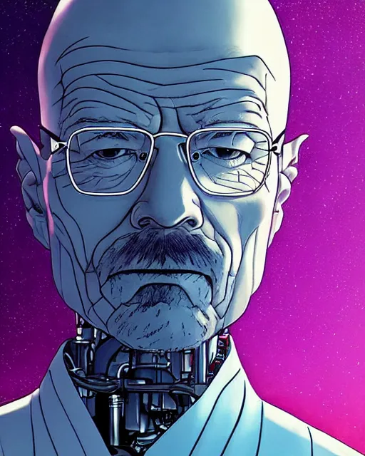 Prompt: portrait of walter white as a robot, cybernetic enhancements, art by makoto shinkai and alan bean, yukito kishiro