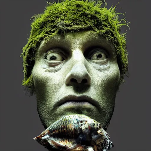 Prompt: Award-winning photograph by Mar Mann. The photo depicts a decaying roman bust of Jim Carrey overgrown with moss at the bottom of the sea in the middle of ruins of civilization. Minimalism, high definition, perfect composition. Deep sea picture. Very dark. Volumetric Lighting. Fish. Darkness. Ruins