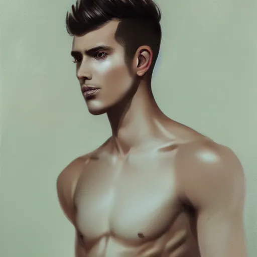 Image similar to ethereal aesthetic painting of a beautiful man with tan skin and short dark hair, clean shaven, angelic, 4k, trending on artstation