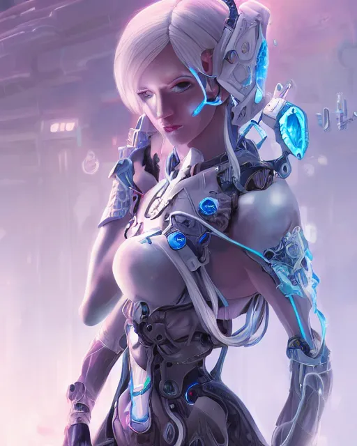 Prompt: holy cyborg necromancer girl, elegant, scifi, futuristic, utopia, garden, illustration, atmosphere, top lighting, blue eyes, white hair, beautiful, artstation, highly detailed, art by yuhong ding and chengwei pan and serafleur and ina wong