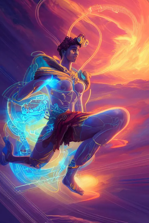 Image similar to highly detailed, dynamic pose, the handsome greek god hermes, wearing winged helmet, giving a glowing laptop computer to humanity, clouds of glowing binary code, digital painting bioluminance alena aenami artworks in 4 k design by lois van baarle by sung choi by john kirby artgerm style pascal blanche and magali villeneuve