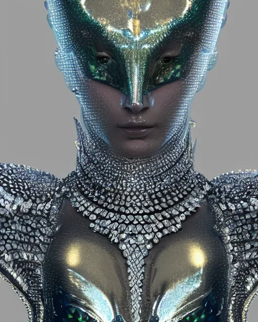 Image similar to a highly detailed metahuman 4 k close up render of an alien goddess bella hadid as siren in iris van herpen dress schiaparelli in diamonds crystals swarovski and jewelry iridescent in style of alphonse mucha gustav klimt trending on artstation made in unreal engine 4