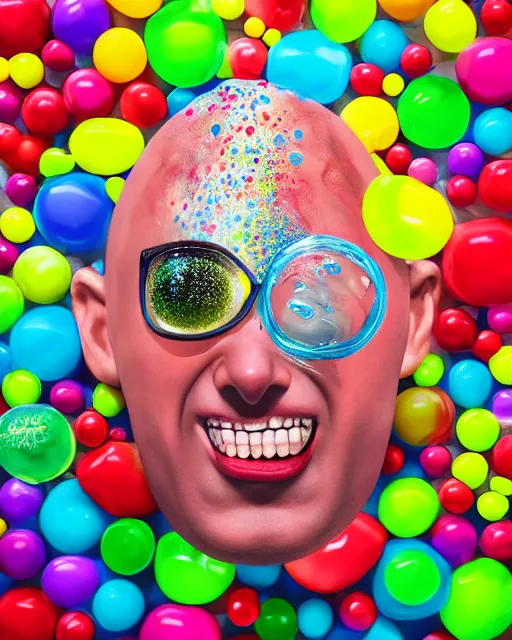 Prompt: a funny sculpture of a squashed human head with a transparent head surrounded by juicy jelly, crushed fruit, realistic water splashes, giant bubbles, funny stuff, funny face, water art, vibrant, in the style of mike campau, cg render, ray tracing, 8 k resolution, sharp