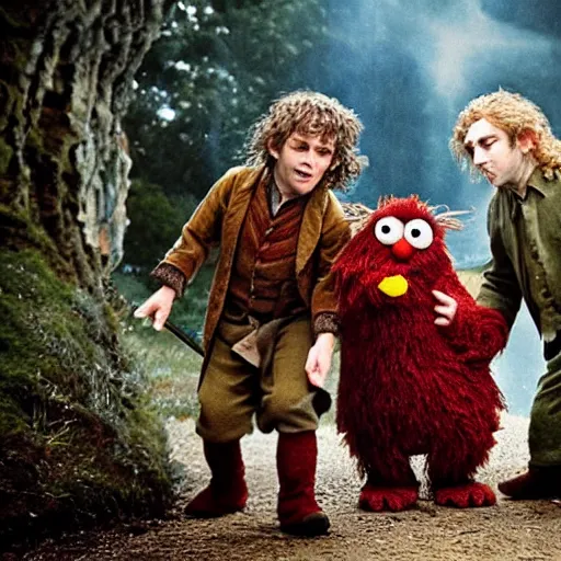 Prompt: a battle between Hobbits and elmos