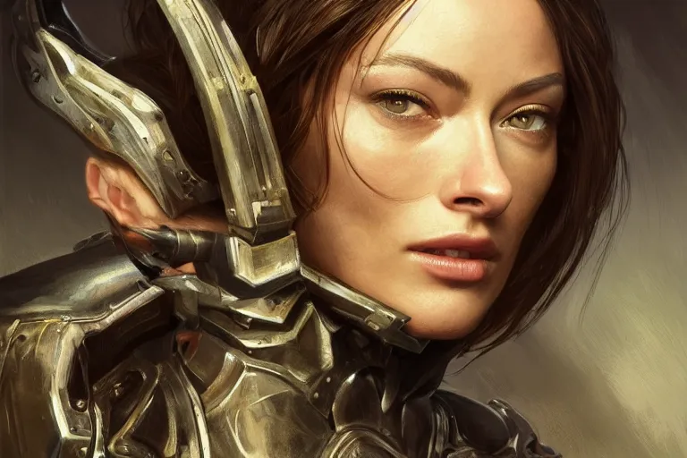 Image similar to a finely detailed portrait of Olivia Wilde, clothed in battle armor, olive skin, long dark hair, beautiful bone structure, symmetrical facial features, intricate, elegant, digital painting, trending on Artstation, concept art, smooth, sharp focus, illustration, from Metal Gear by Ruan Jia and Mandy Jurgens and Artgerm and Greg Rutkowski, award winning