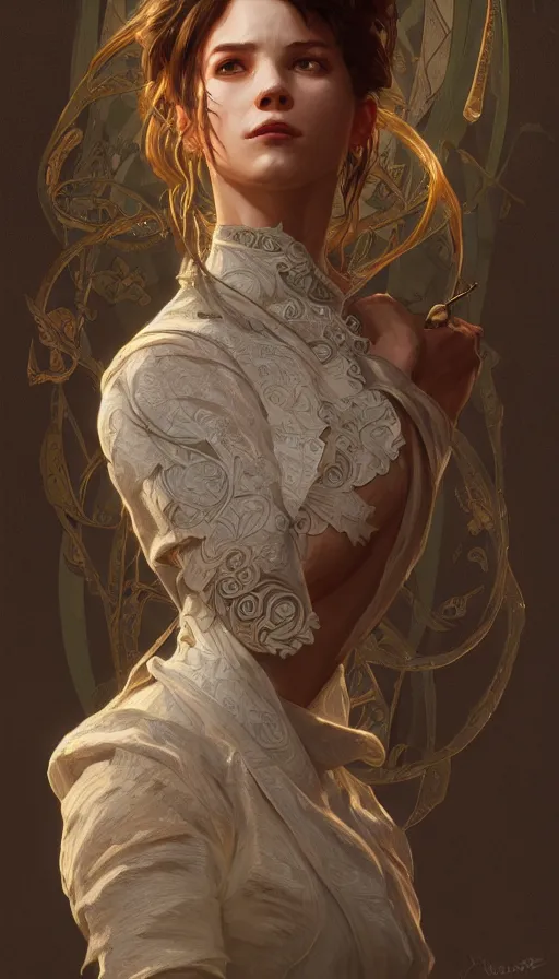 Image similar to tailor, sweaty, insane, intricate, highly detailed, digital painting, artstation, concept art, smooth, sharp focus, illustration, Unreal Engine 5, 8K, art by artgerm and greg rutkowski and alphonse mucha