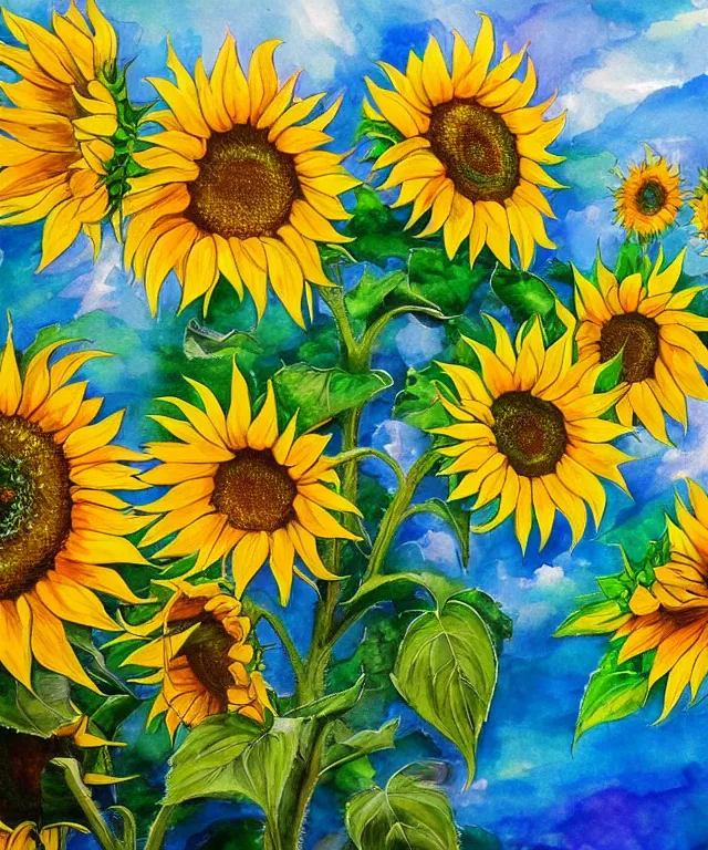 Image similar to sunflowers, water painting, sun rays, intricate, colorful, highly detailed, perfect composition, soft tones