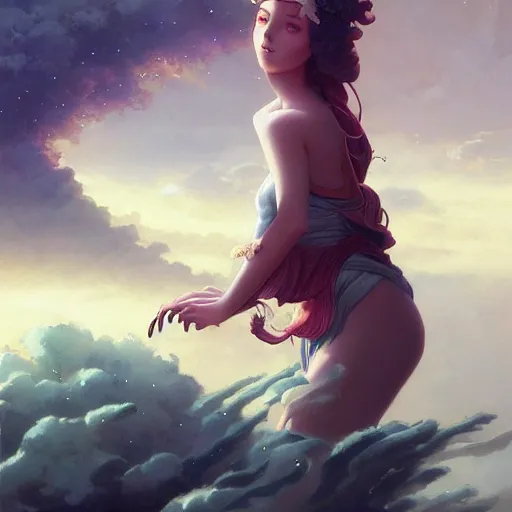 Prompt: beautiful girl on the horizon, looking at camera, model pose, slightly smiling, by peter mohrbacher and makoto shinkai and ferdinand knab