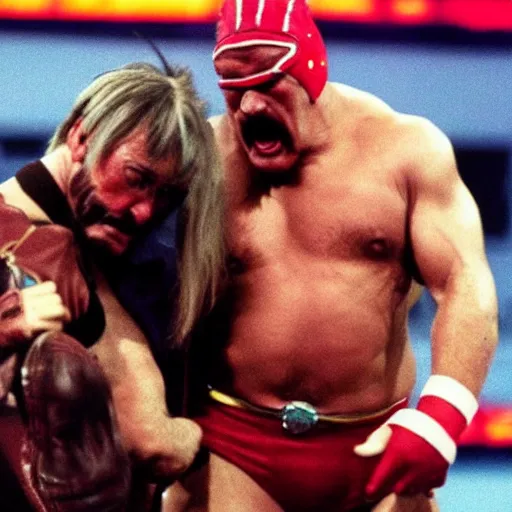 Image similar to jospeh stalin wrestling hulk hogan at wrestlemania