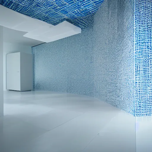Image similar to flooded room made of white tiles, liminal space, surreal, minimalist architecture, blue water,