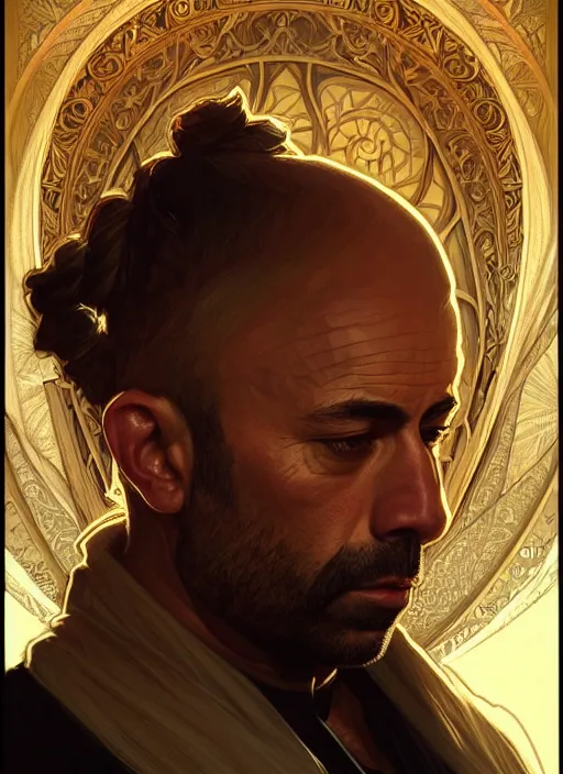 Prompt: portrait of joe rogan, d & d, fantasy, intricate, elegant, highly detailed, digital painting, artstation, concept art, smooth, sharp focus, illustration, art by artgerm and greg rutkowski and alphonse mucha