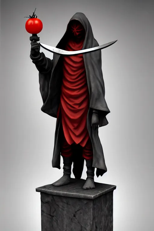 Image similar to a statue of a hooded cultist is holding a bloody knife in one hand and a tomato on the other, by patrick mcenvoy and michael komarck and fantasy flight, incredible quality, trending on artstation