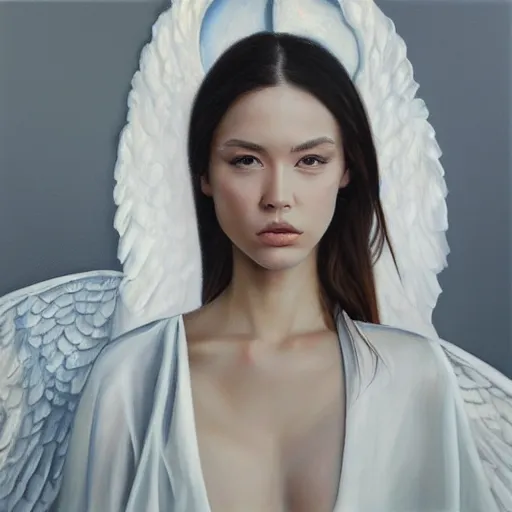 Image similar to hyperrealism oil painting, fashion model portrait, heaven angel