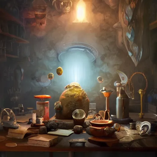 Image similar to hyper real, table, wizards laboratory, lisa parker, tony sart, mortar, pestle, scales with magic powder, energy flowing, magic book, beakers of colored liquid, greg rutkowski