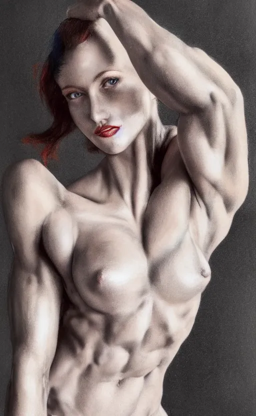 Prompt: realistic colorful photo portreit of extremely beautiful bodybuilder woman posing in white peignoir, full leight, ultra rendered extreme realism and detail, 8 k, surreal, highly detailed, realistic, photorealistic,
