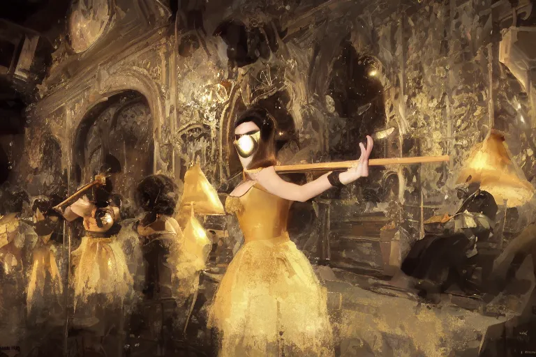 Image similar to craig mullins and ghibli digital art of on the stage of the theater, a masked female violinist performs alone, dressed in exotic costumes, gold jewelry, and black hair realistic shading, cinematic composition, realistic render, octane render, detailed textures, photorealistic, wide shot