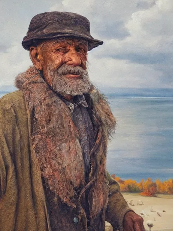 Image similar to realistic renderings portrait of very old fisher man portrait with a hat, wearing a fisher 🧥, coloured wears, ( ( ( ( ( a bird in the sky ) ) ) ) ) ponton port scene background, astonishing scenes, detailed, photorealism, volumetric lighting, autumn lights colors, ultra detailed