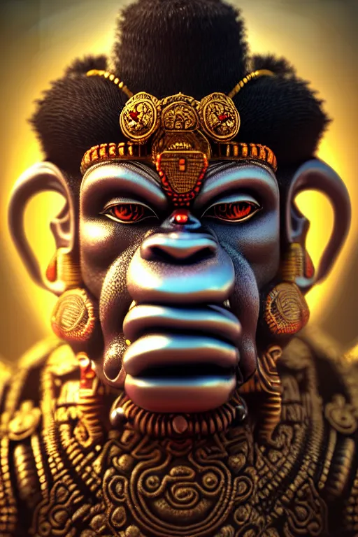 Image similar to high quality 3 d render post - rococo cyberpunk hanuman! head shri ram centre, madhubani, highly detailed, morning in sci - fi new delhi, cinematic smooth unreal engine, lee madgwick & liam wong, dramatic light, long shot, low angle, uhd 8 k, sharp focus