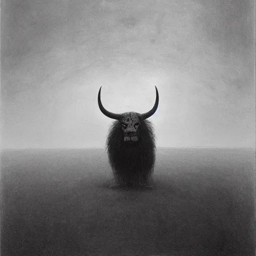 Image similar to a creature with the body and eyes of a man, with the beak of an eagle, the mane of a lion, and the horn of an bull. drawn by zdzislaw beksinski