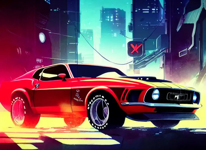 Image similar to portrait of 1 9 7 1 ford mustang mach 1, cyberpunk city landscape, illustration concept art anime key visual trending pixiv fanbox by wlop and greg rutkowski and makoto shinkai and studio ghibli and kyoto animation, neon lights, odst, grimdark, volumetric lighting